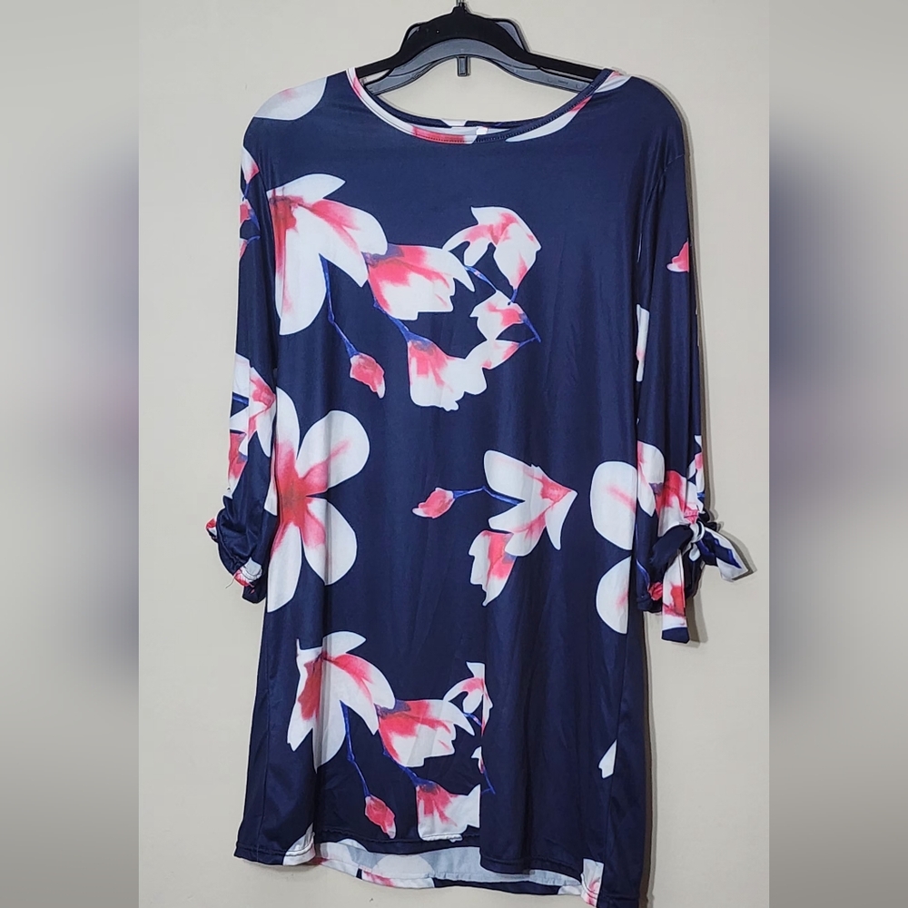 Floral Navy Dress with Pink and White Accents